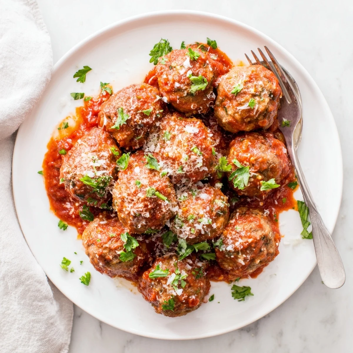Golden brown authentic Italian meatballs simmering in rich red tomato sauce with fresh parsley garnish