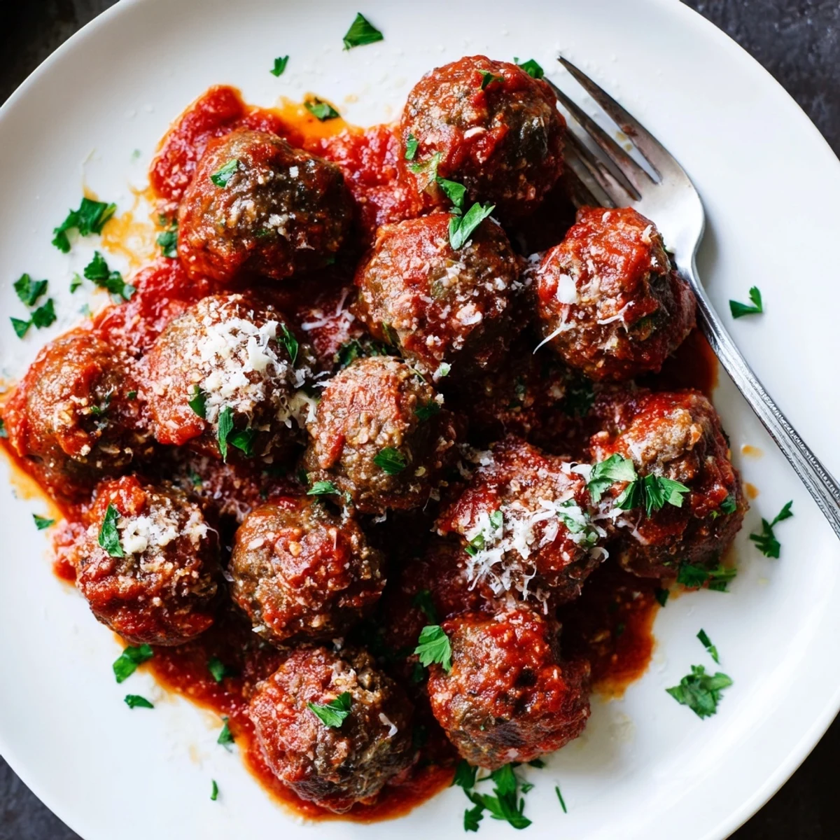 Homemade authentic Italian meatballs bubbling in thick savory tomato sauce with crusty bread on the side
