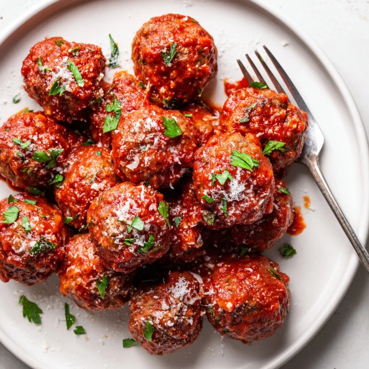 Tender beef and pork authentic Italian meatballs served over spaghetti with grated Parmesan cheese topping