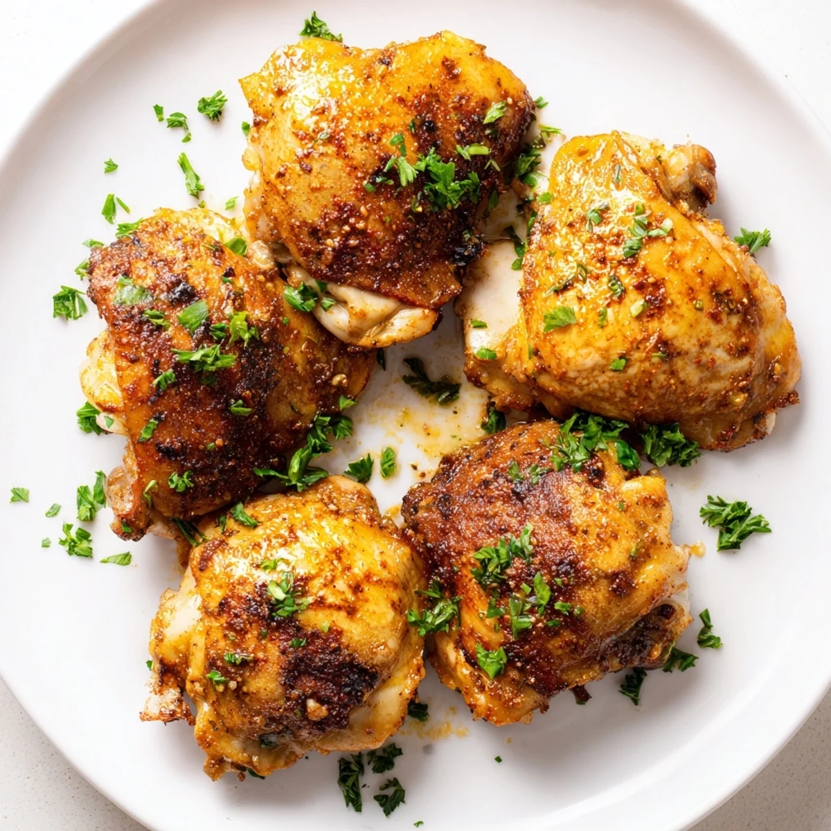 Savory marinated chicken thighs fresh from the oven garnished with parsley and lemon