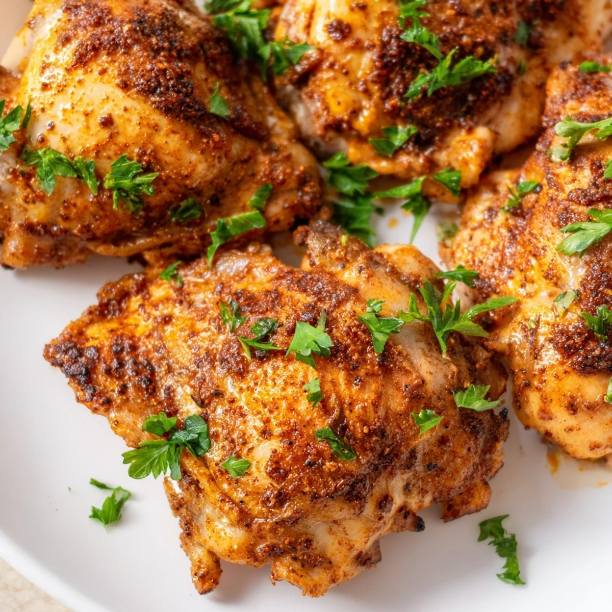 Golden brown boneless skinless chicken thighs roasted to juicy perfection with aromatic spices