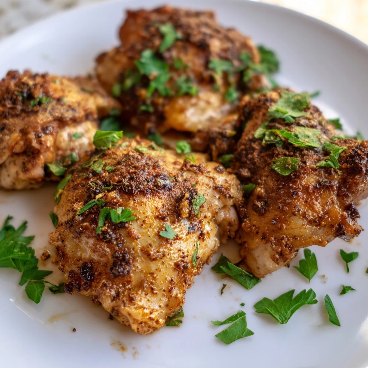 Perfectly seared boneless chicken thighs on a serving plate with roasted vegetables