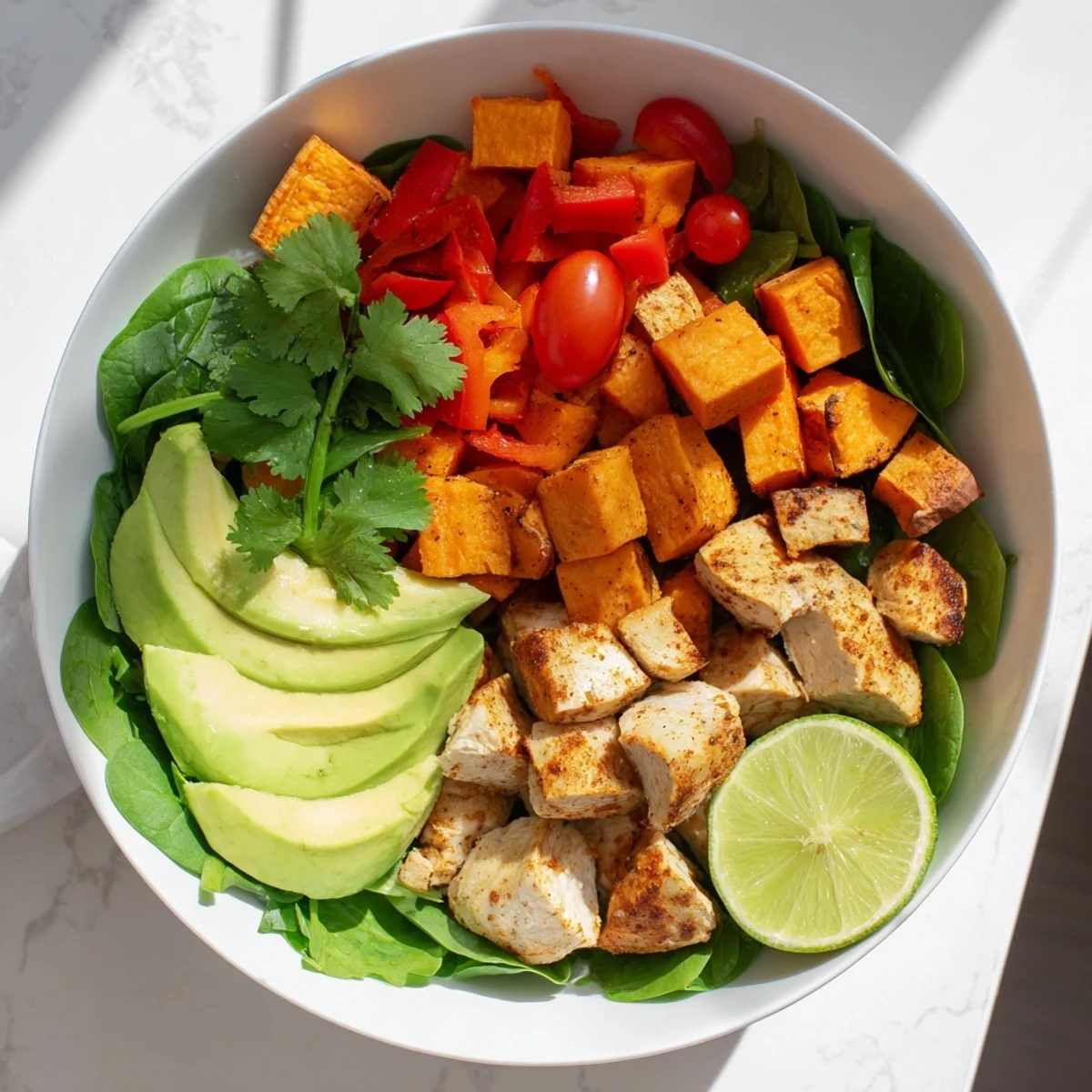 Golden roasted chicken and caramelized sweet potato bowl with fresh avocado slices