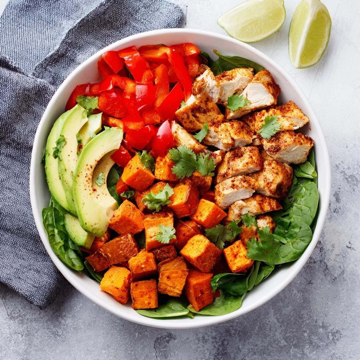 Colorful chicken sweet potato bowl meal prep with vibrant vegetables and creamy sauce