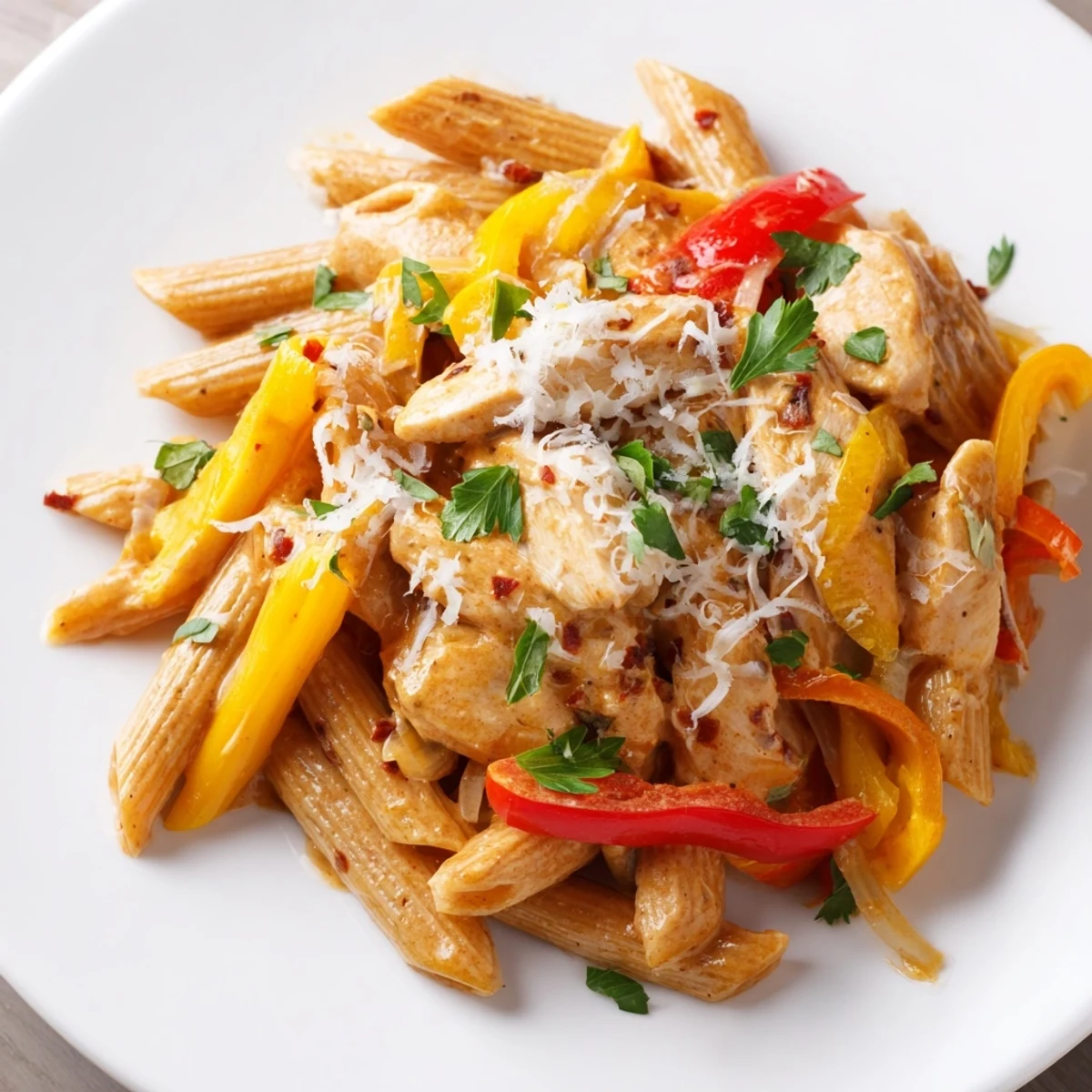 Golden brown spiced chicken slices served over penne in rich creamy Cajun sauce