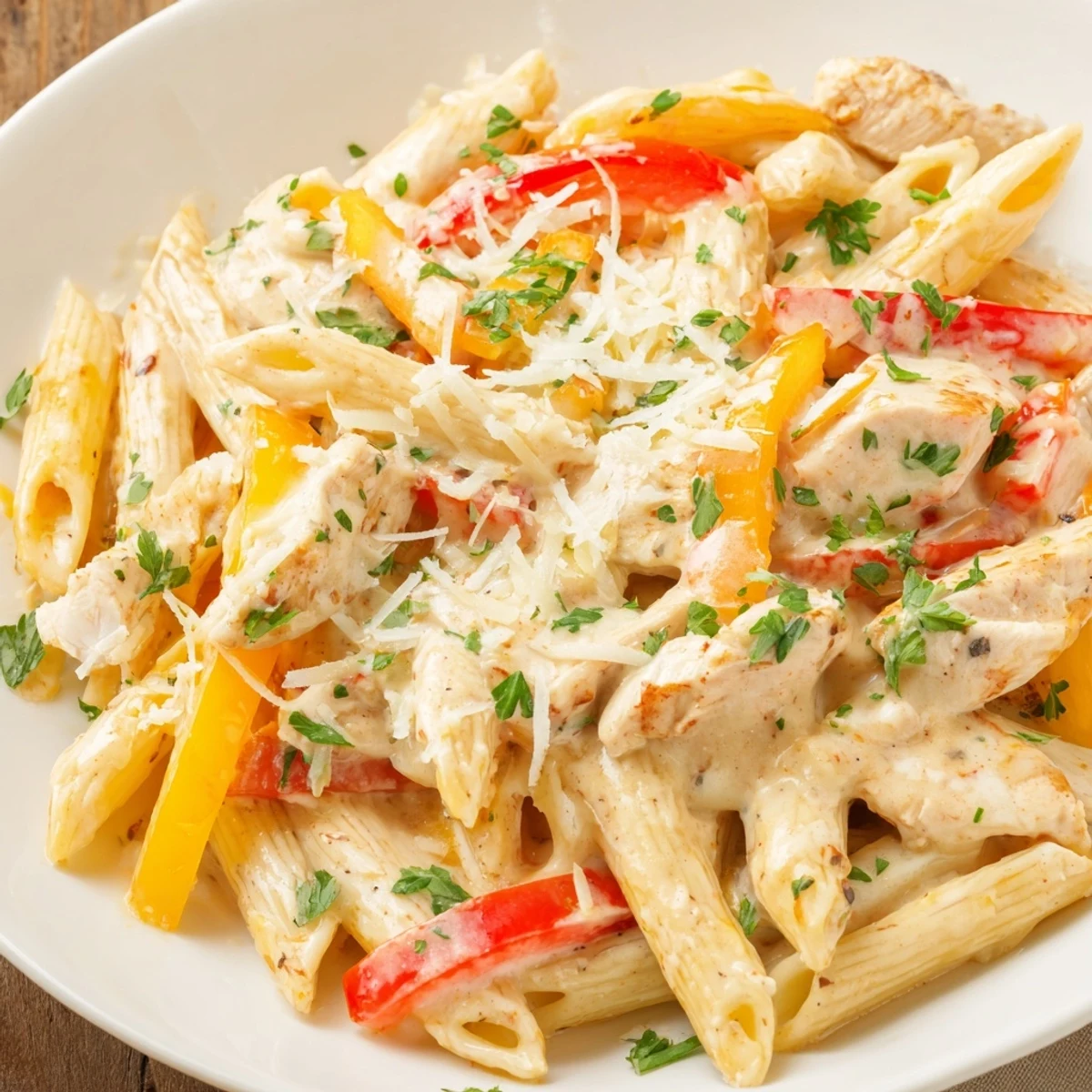 Creamy Cajun chicken penne pasta tossed in spicy parmesan sauce with colorful bell peppers