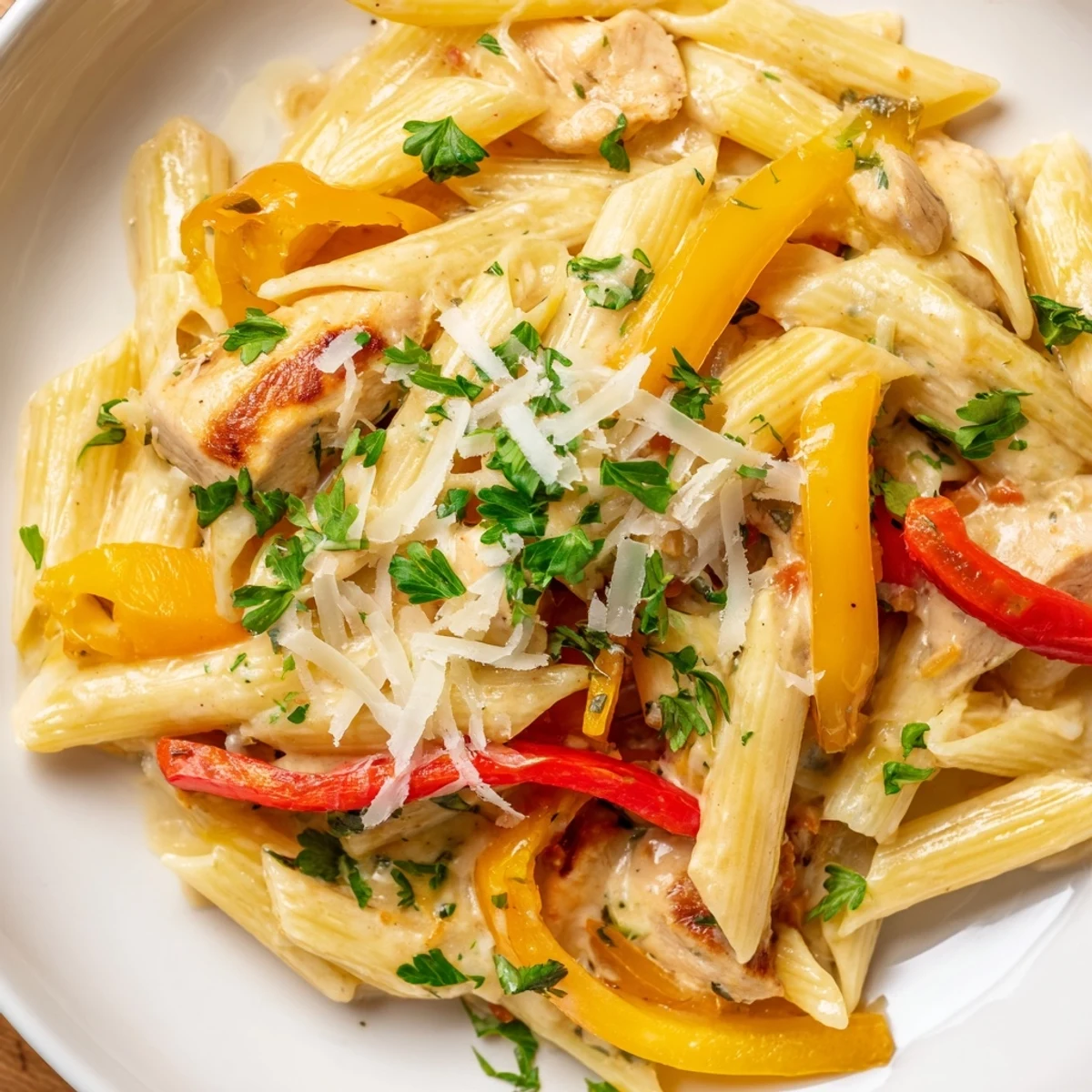 Savory Cajun chicken penne pasta dish garnished with fresh parsley and grated Parmesan cheese