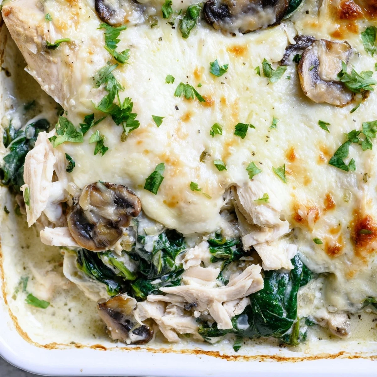 Creamy chicken breast casserole baked with spinach mushrooms and parmesan cheese sauce