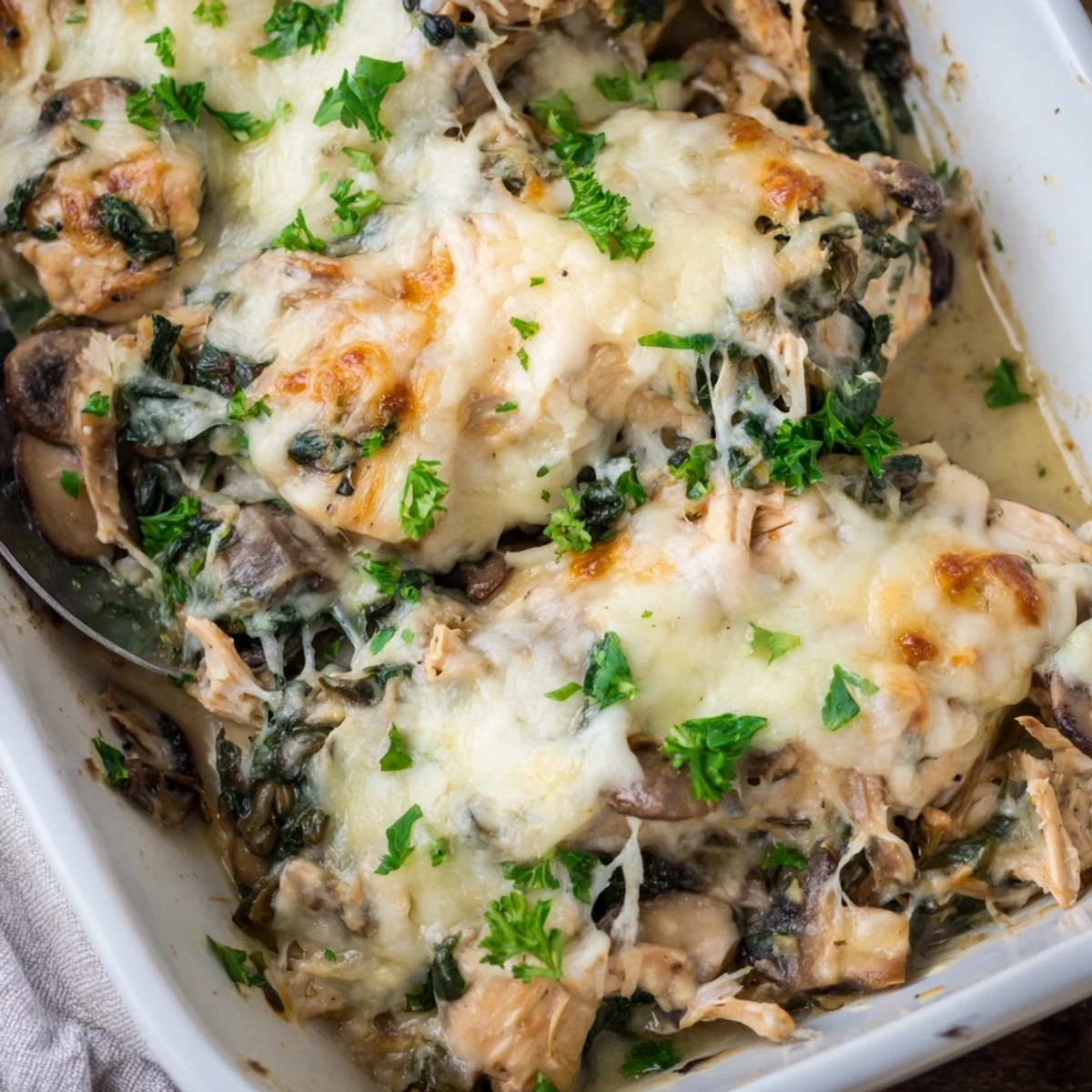 Golden bubbly low carb chicken spinach mushroom bake with melted mozzarella cheese topping