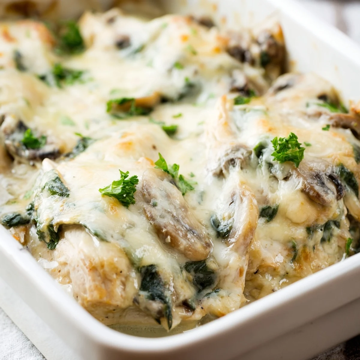 Savory low carb chicken spinach mushroom bake fresh from the oven with parsley garnish