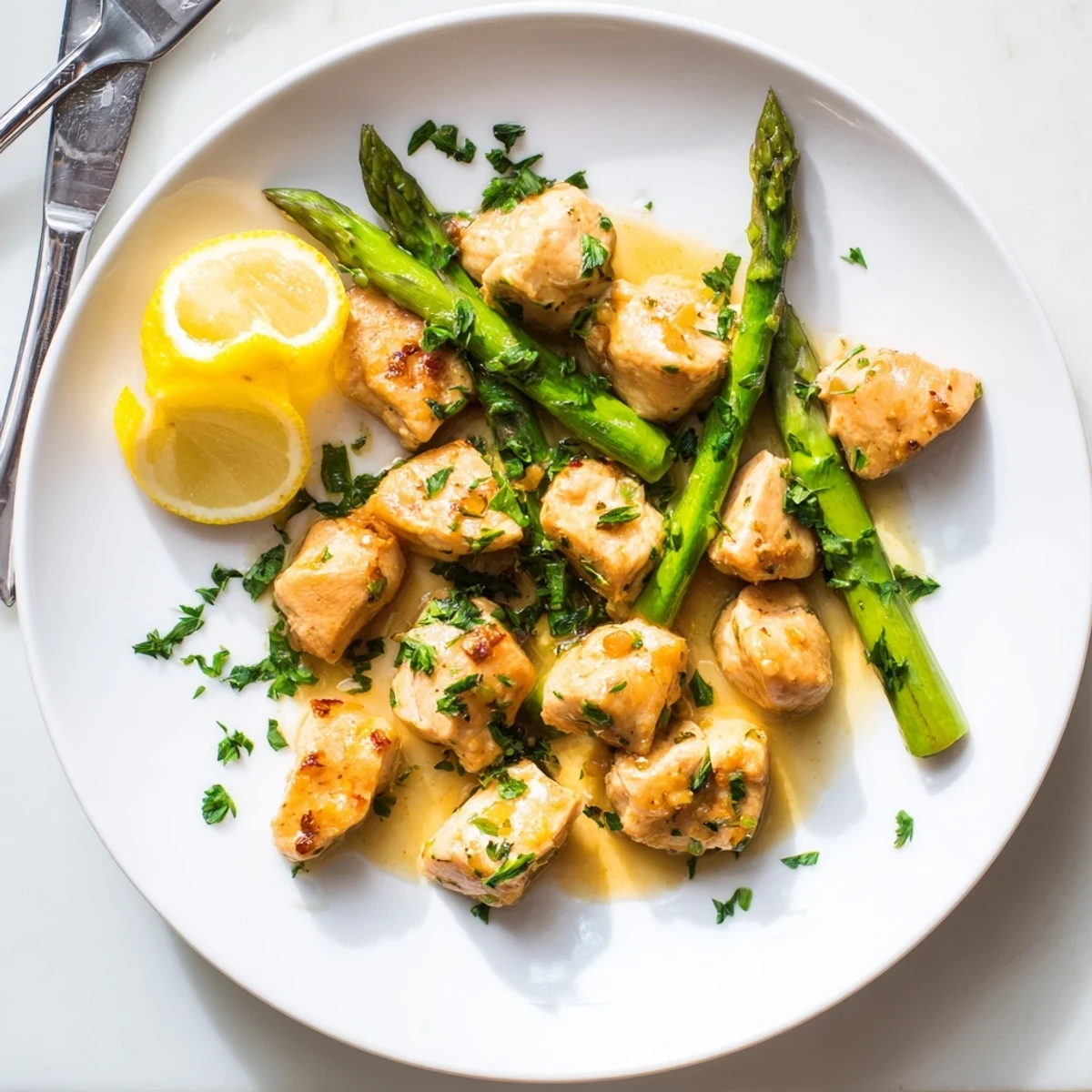 Golden pan-seared chicken bites with tender asparagus in creamy garlic butter sauce