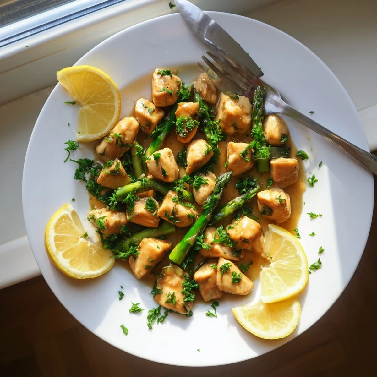 Savory garlic butter chicken bites served with crisp asparagus and fresh lemon wedges