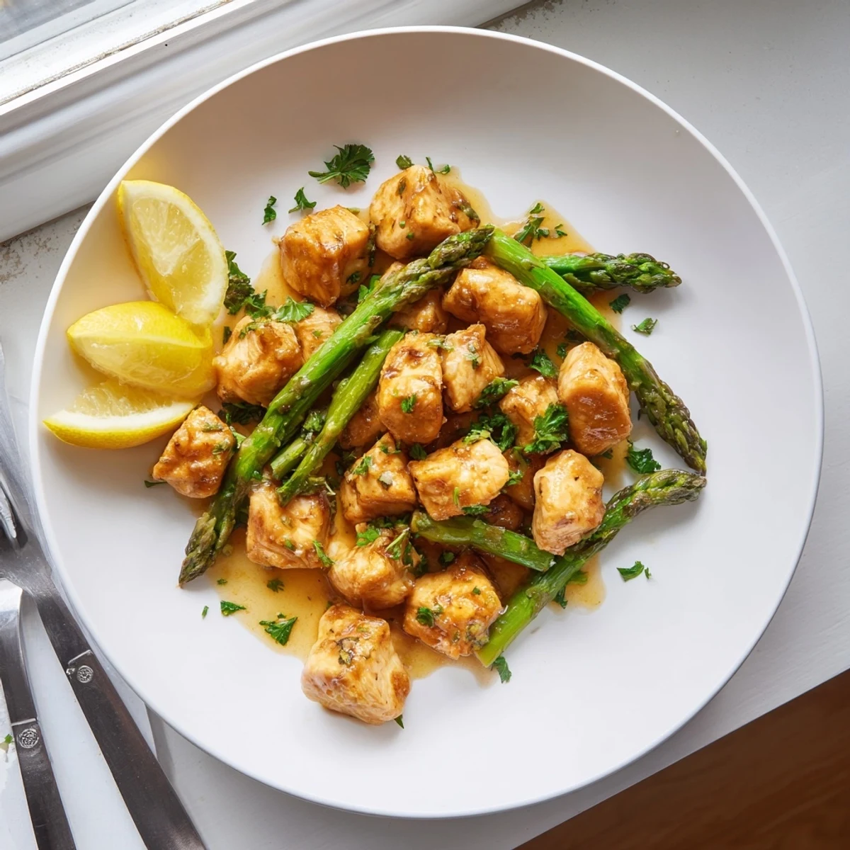 Weeknight dinner of juicy chicken bites and asparagus swimming in rich garlic butter
