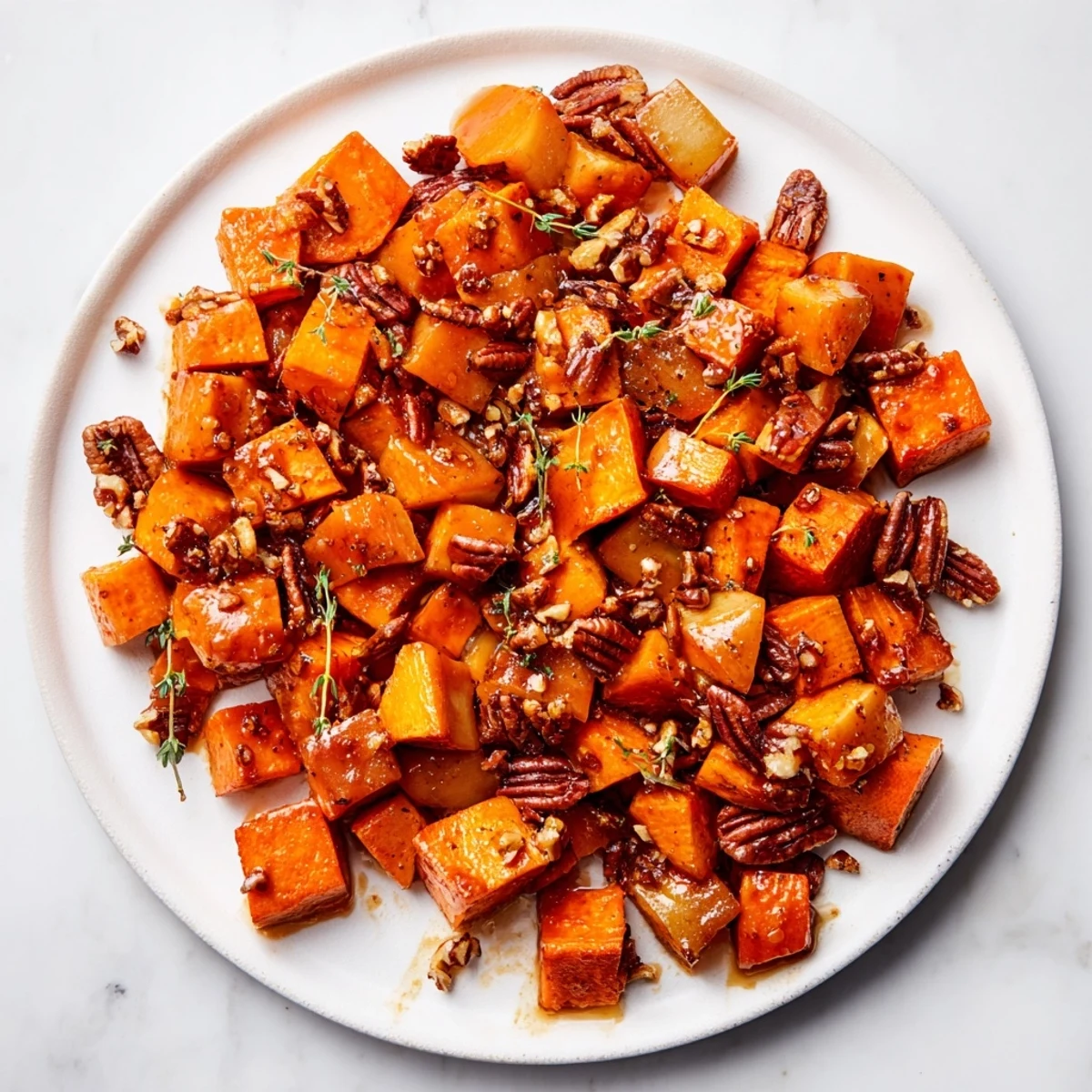 Rustic baking dish of sweet potatoes and apples drizzled with maple cinnamon glaze