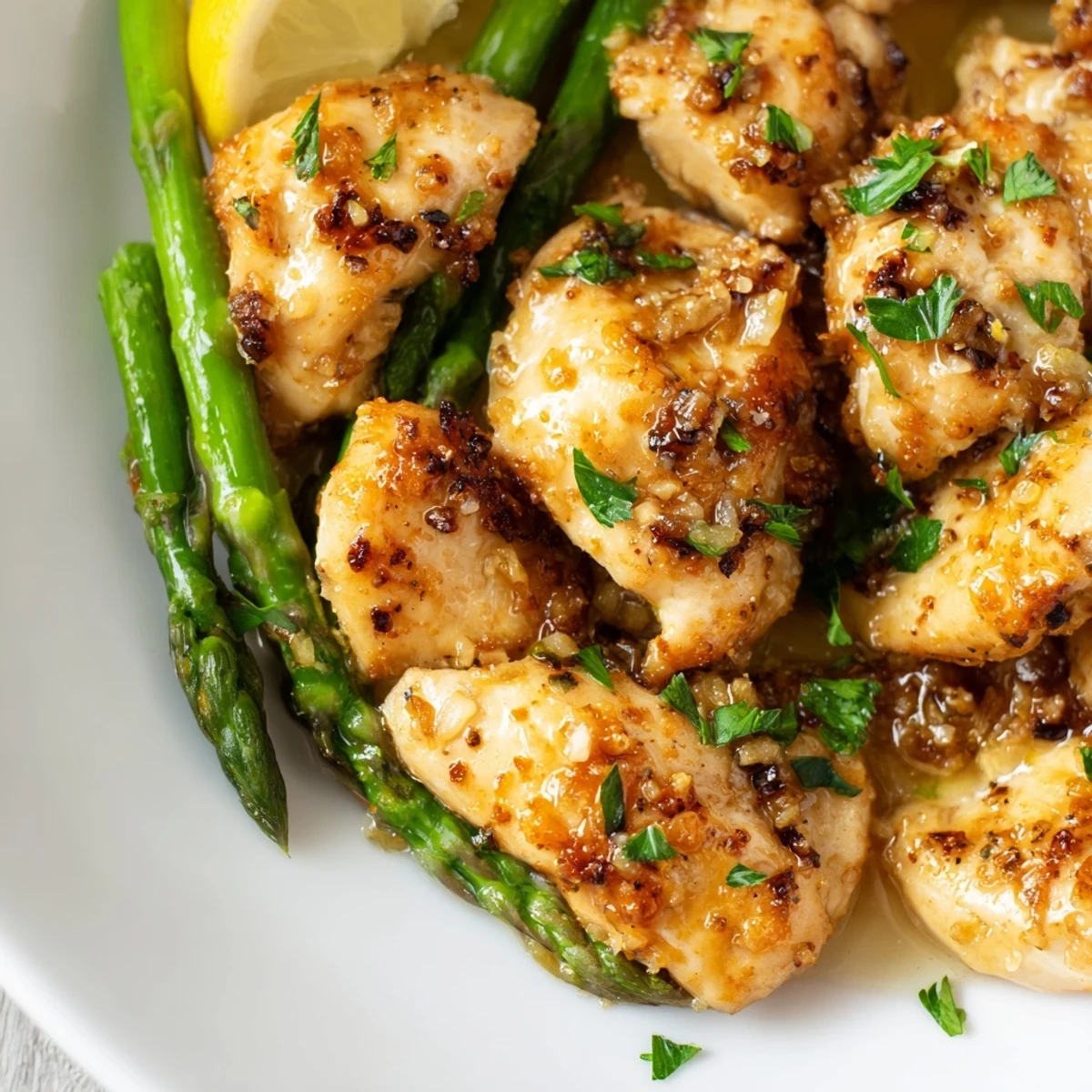Juicy chicken pieces sautéed in rich garlic butter sauce alongside vibrant green asparagus