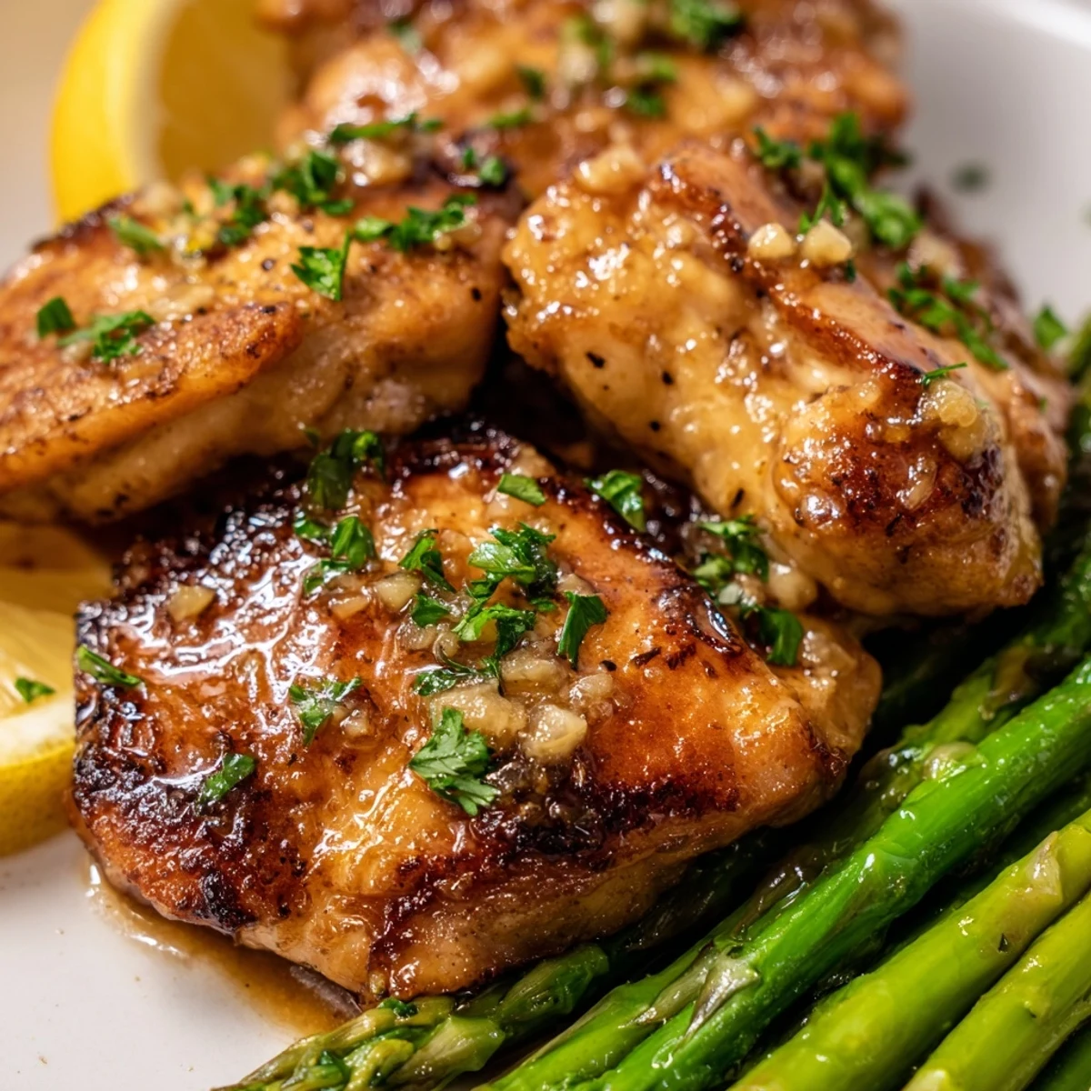 Golden pan-seared garlic butter chicken bites with tender crisp asparagus pieces