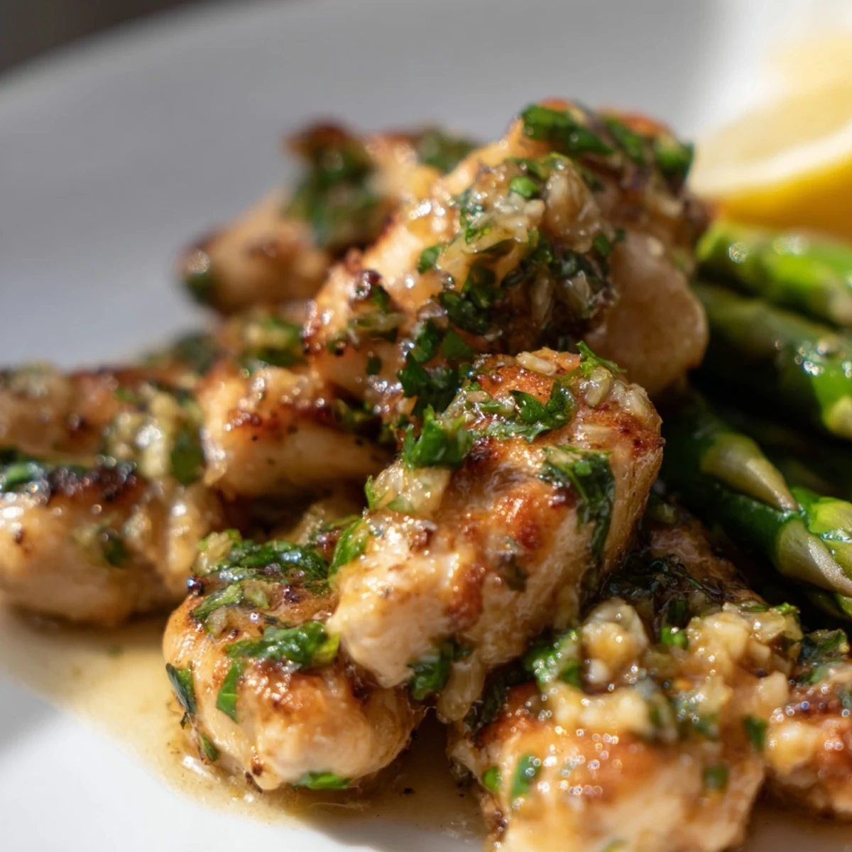 Succulent garlic butter chicken bites served with fresh asparagus sprinkled with parsley
