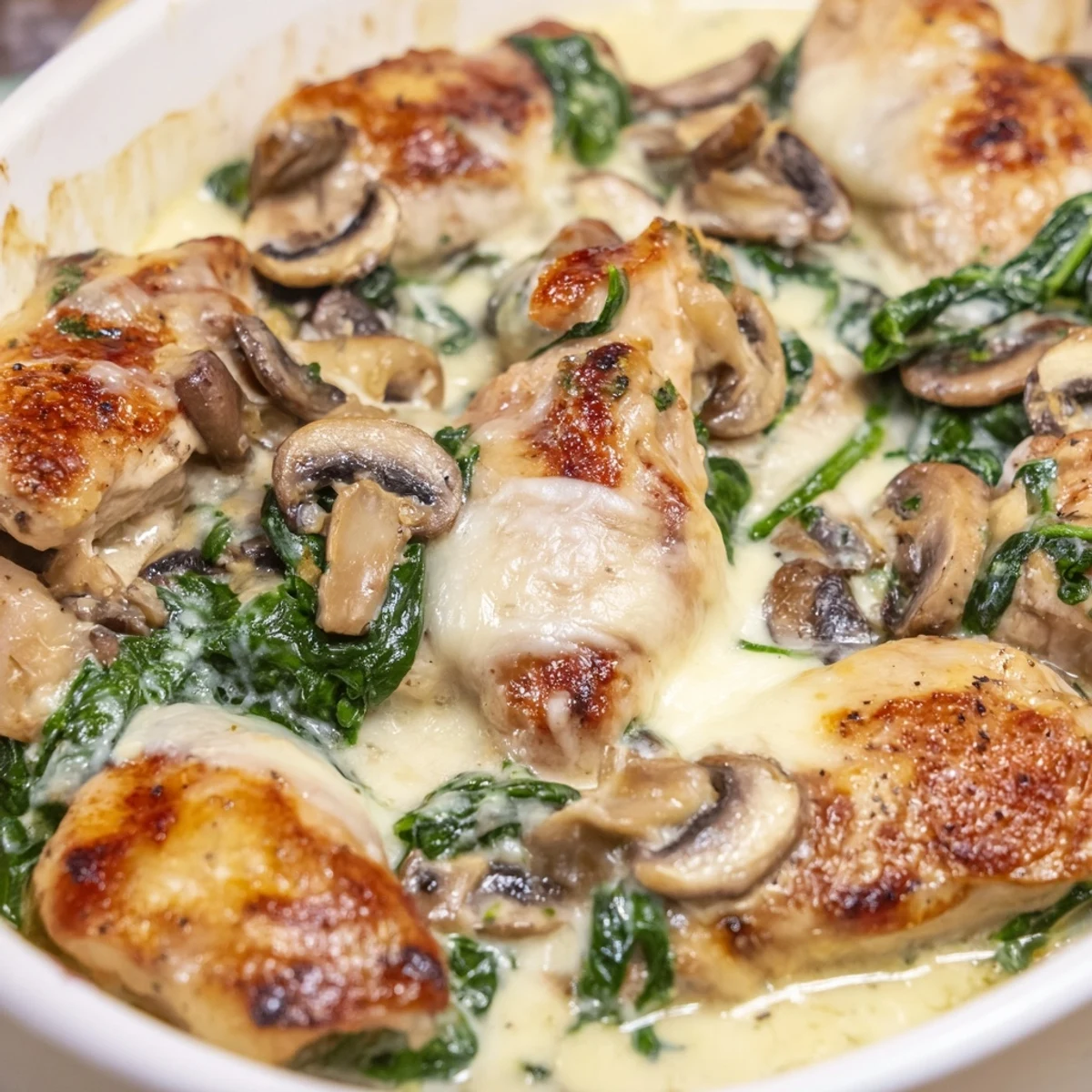 Golden bubbling low carb chicken spinach mushroom bake fresh from oven with melted mozzarella