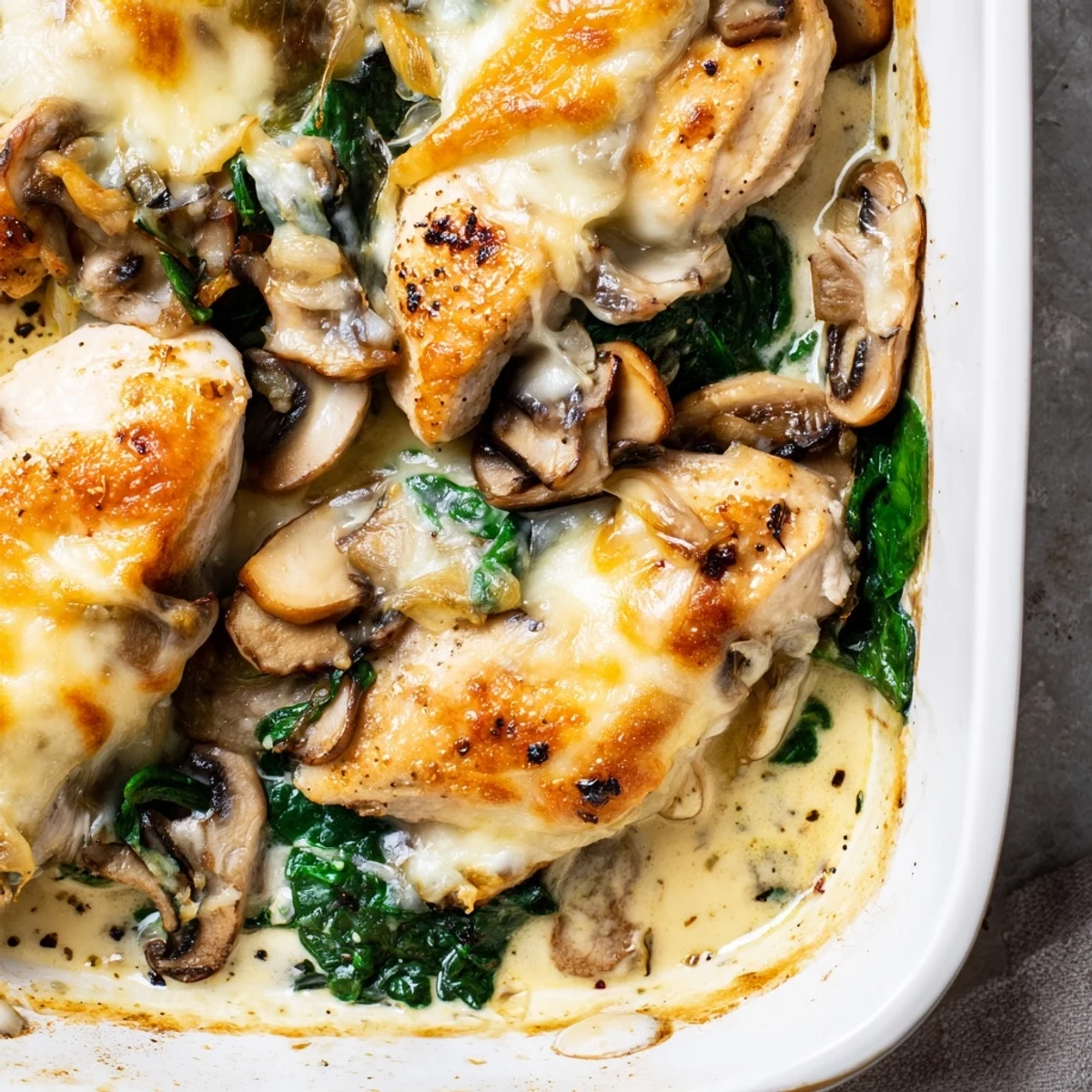 Creamy low carb chicken spinach mushroom bake casserole topped with golden brown melted cheese
