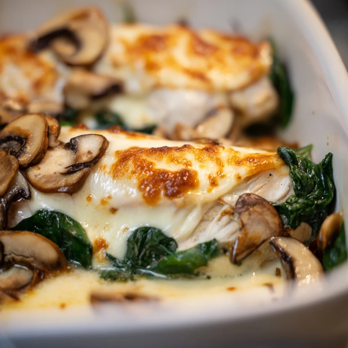 Juicy chicken breasts in low carb chicken spinach mushroom bake with tender wilted spinach and sliced mushrooms