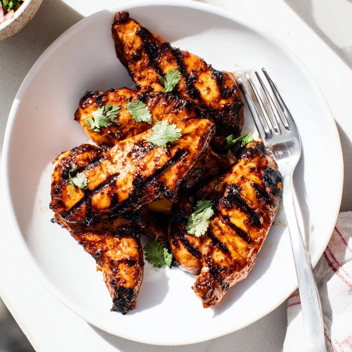 Golden grilled mango chicken rests on a white plate garnished with fresh cilantro and lime wedges