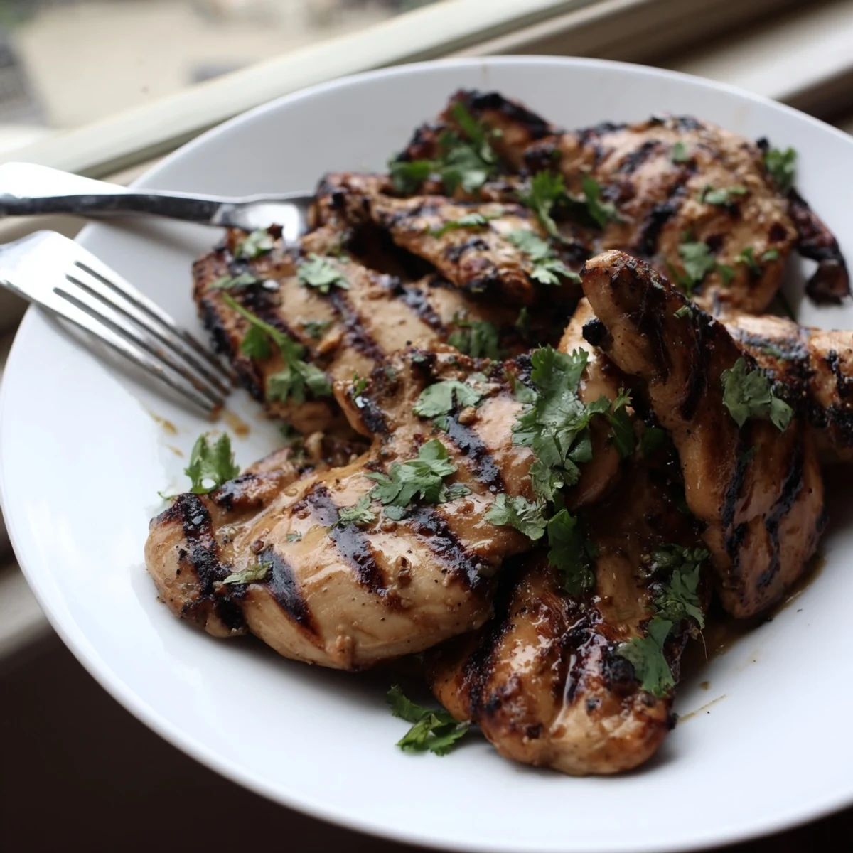 Juicy chicken breasts glazed in sweet mango marinade display beautiful char marks from the grill