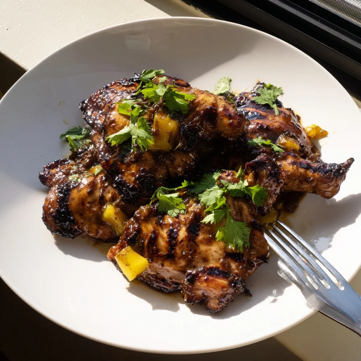 Tropical grilled mango chicken sliced to reveal tender meat infused with tangy fruit flavors