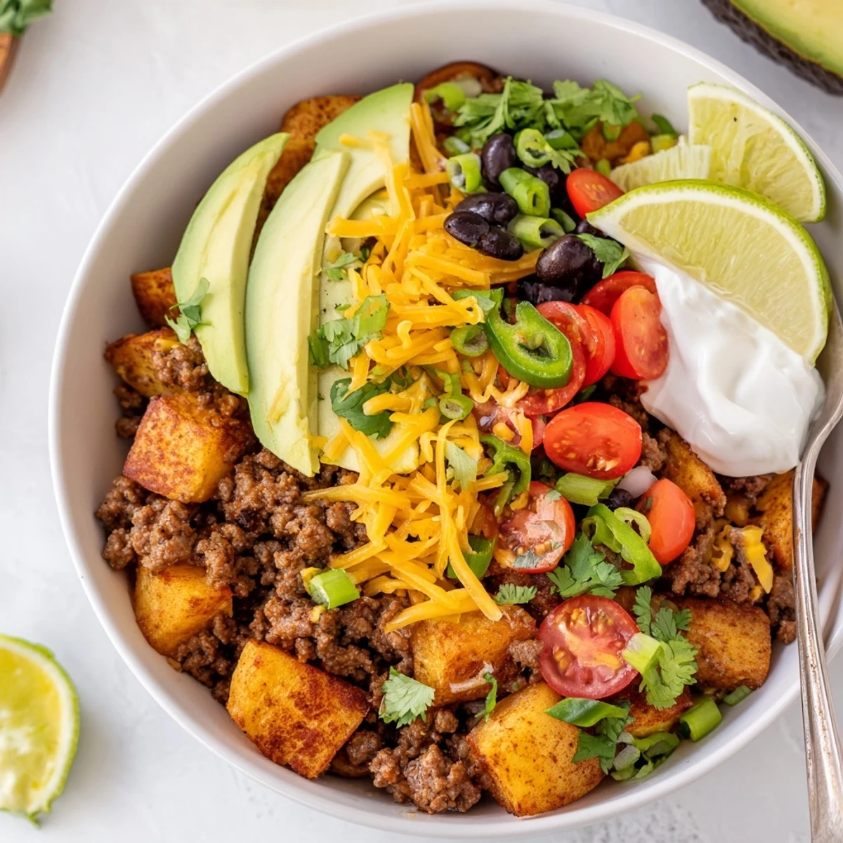 Hearty Ground Beef Potato Taco Bowl featuring crispy potatoes, spiced beef, avocado slices, cheese, and colorful garnishes