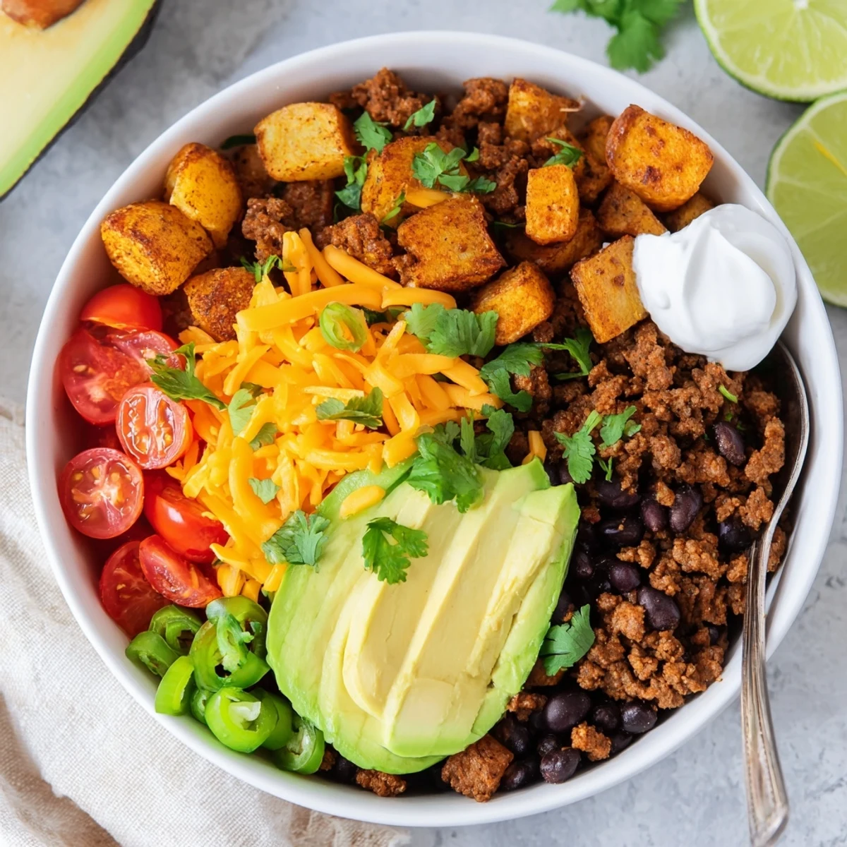 Golden roasted potatoes topped with seasoned ground beef and fresh taco toppings in a Ground Beef Potato Taco Bowl