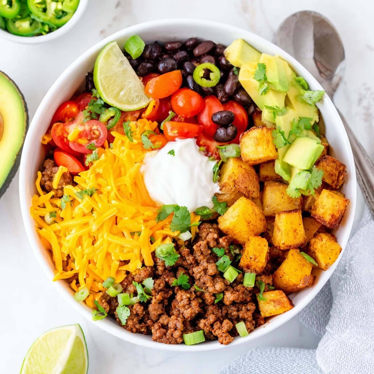 Rustic Tex-Mex Ground Beef Potato Taco Bowl served with sour cream, cherry tomatoes, black beans, and lime wedges