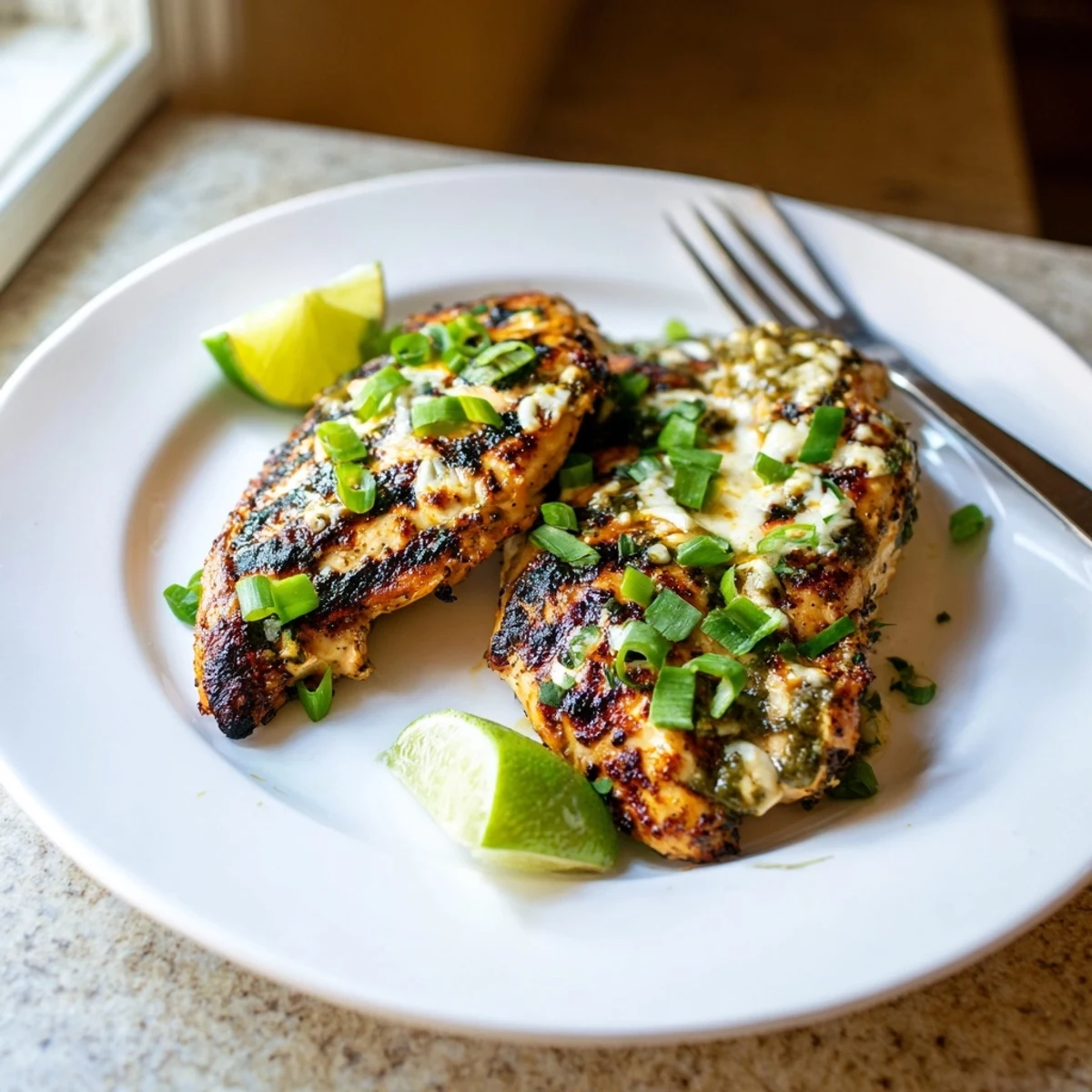 Grilled Salsa Verde Pepper Jack Chicken featuring melted cheese over char-grilled seasoned chicken breasts