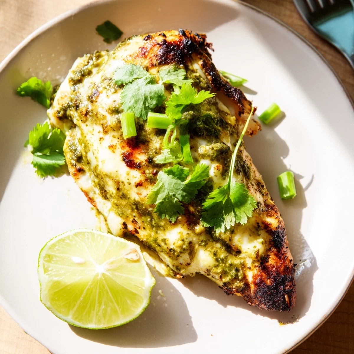 Salsa verde chicken with spicy pepper jack cheese fresh from the grill garnished with cilantro