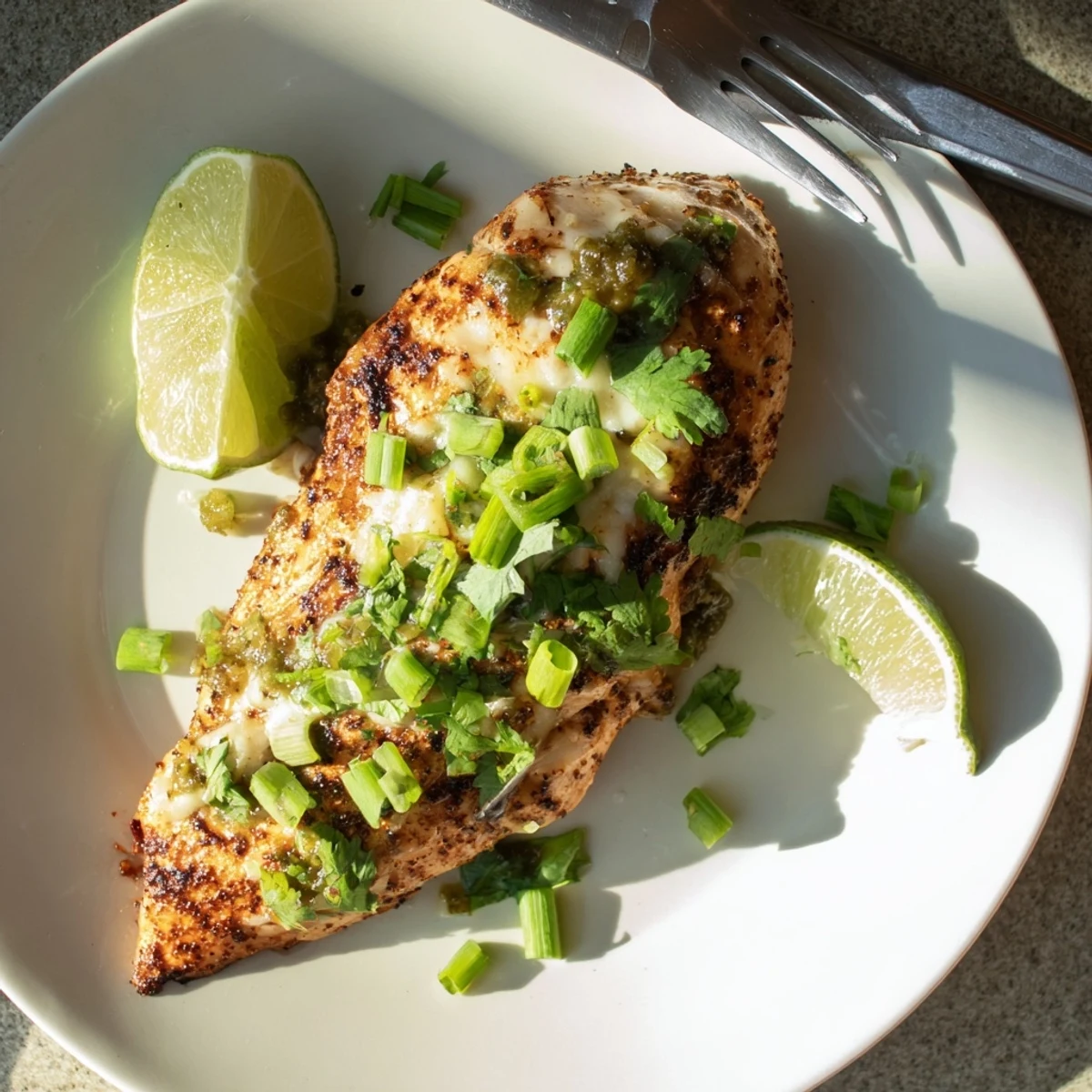 Juicy chicken breasts grilled to perfection topped with zesty salsa verde and melted pepper jack cheese