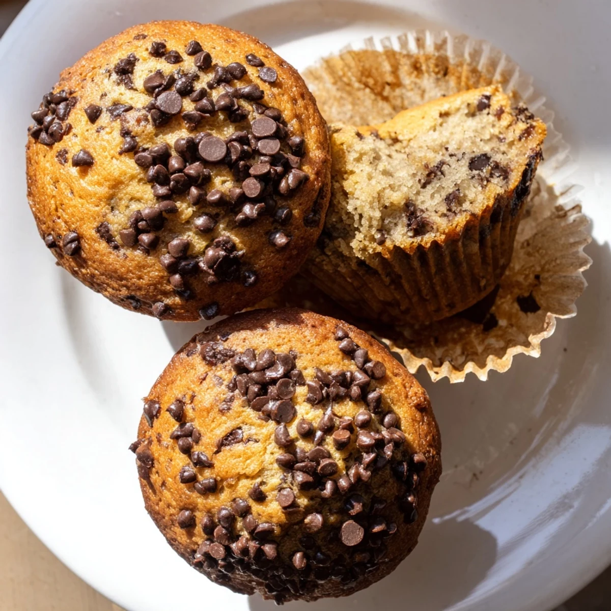 Moist bakery style chocolate chip muffins bursting with semi-sweet chocolate chunks on white plate