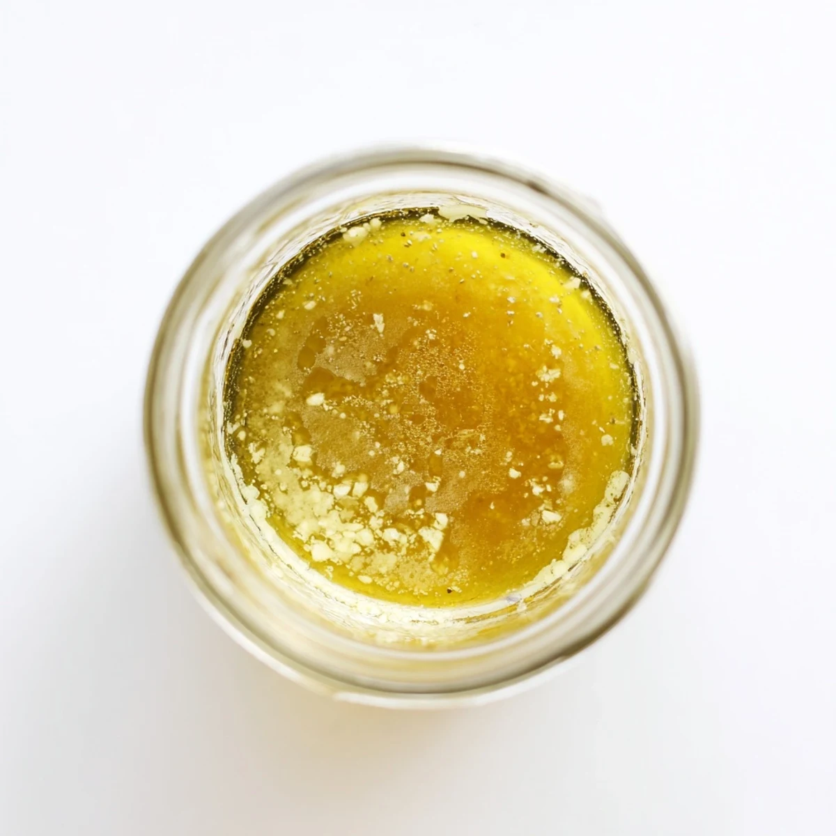 Glass jar of golden easy lemon vinaigrette dressing whisked until smooth and emulsified