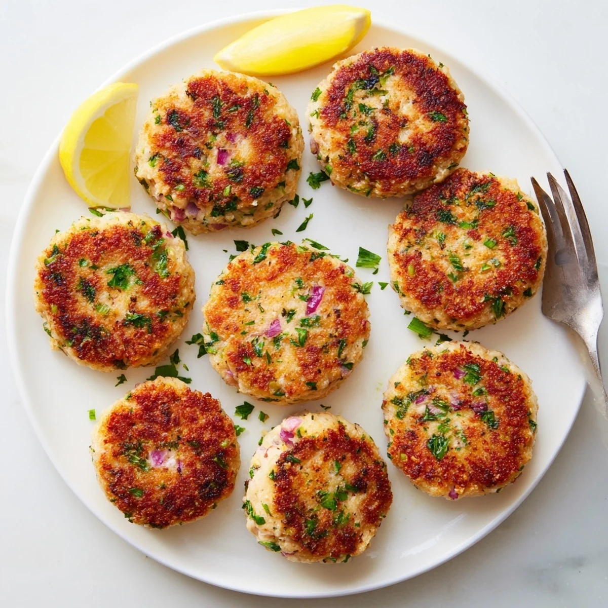 Homemade crispy tuna cakes served on white plate with lemon wedges and fresh parsley garnish