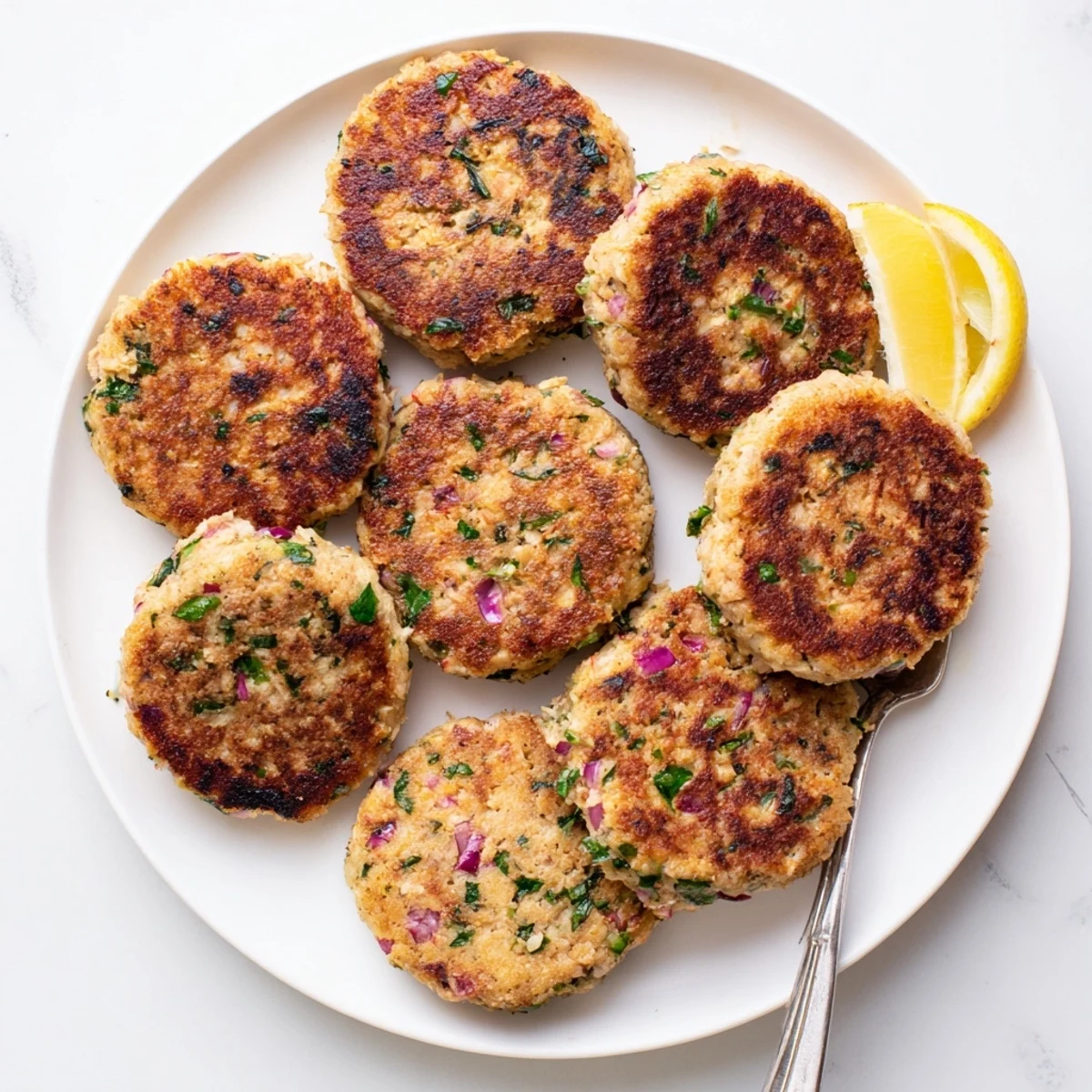 Pan-fried crispy tuna cakes with golden crunchy exterior and savory tender flaked tuna center