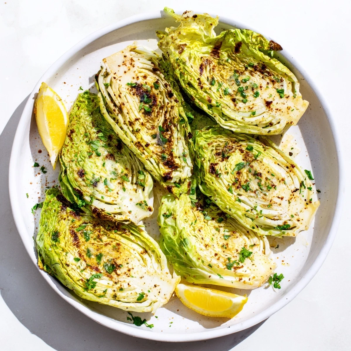 Golden roasted cabbage steaks with caramelized edges and fragrant garlic seasoning on a white baking sheet