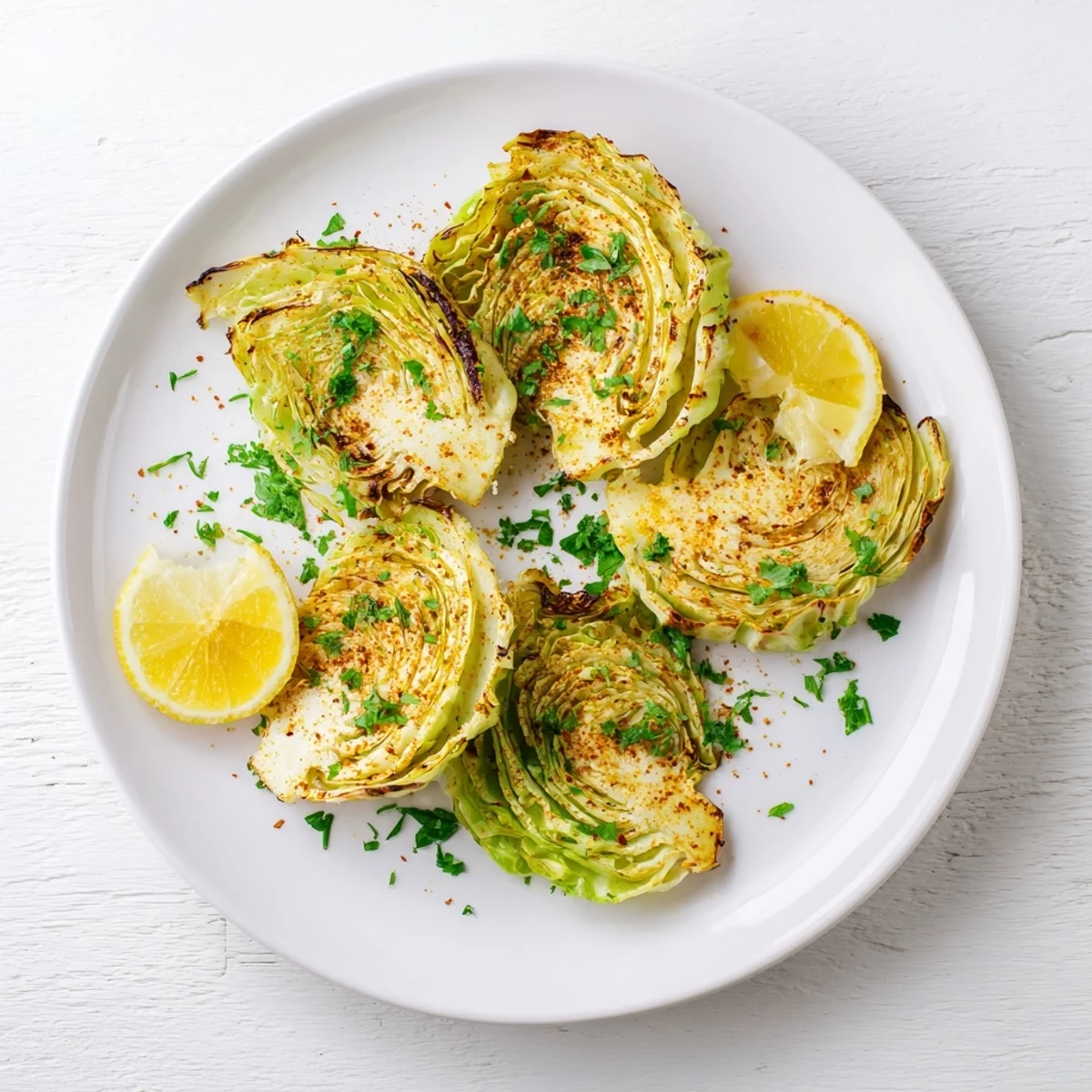 Vegan roasted cabbage steaks arranged on a platter with lemon wedges and chopped parsley garnish