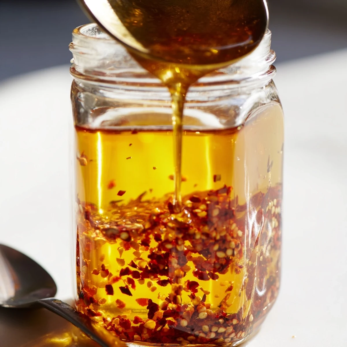 Golden homemade hot honey drizzled generously over crispy fried chicken with red chili flakes visible