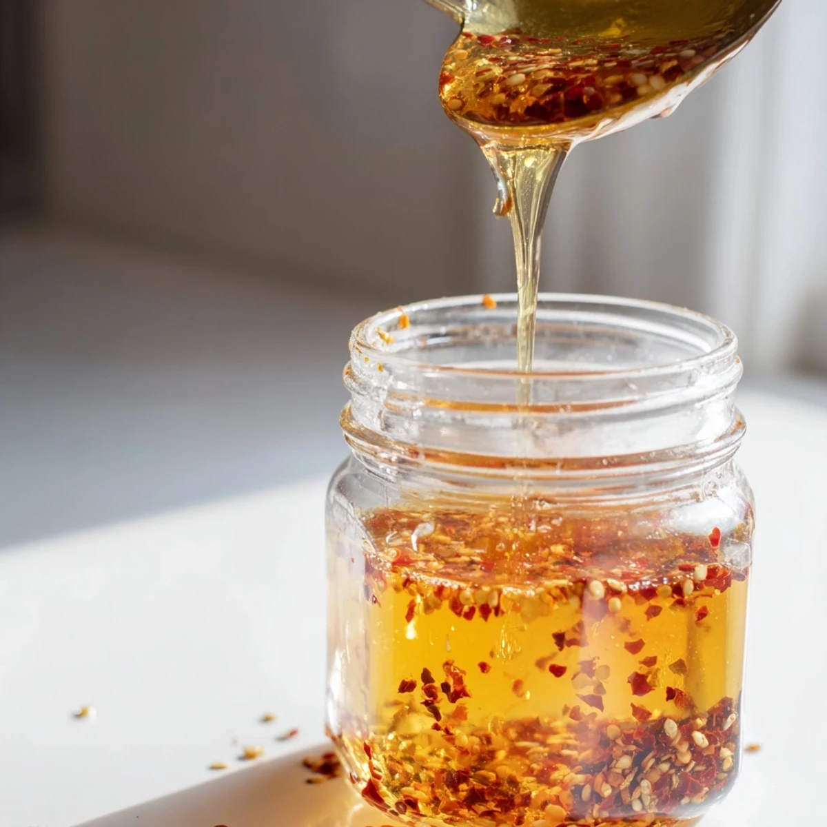 Rich amber honey infused with chili flakes swimming in saucepan ready for drizzling over cheese board