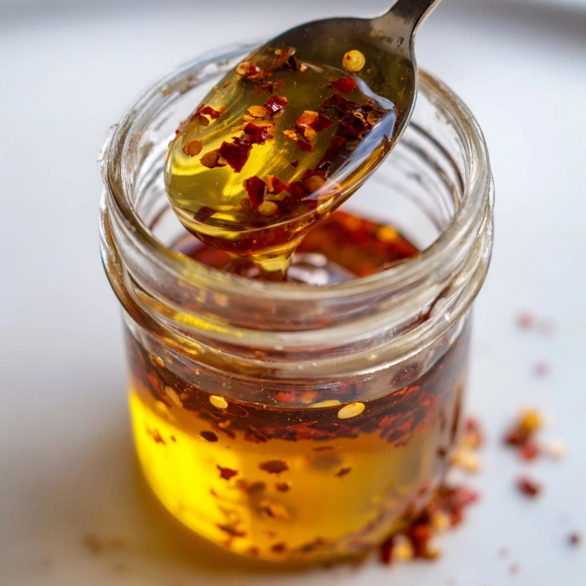 Spicy sweet honey infusion poured from glass jar onto fresh pepperoni pizza with golden bubbles