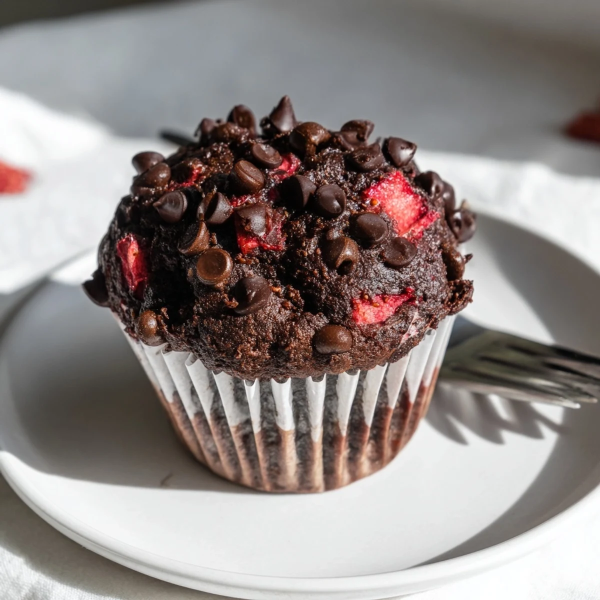 Fresh baked double chocolate strawberry muffins topped with mini chocolate chips on a wire cooling rack