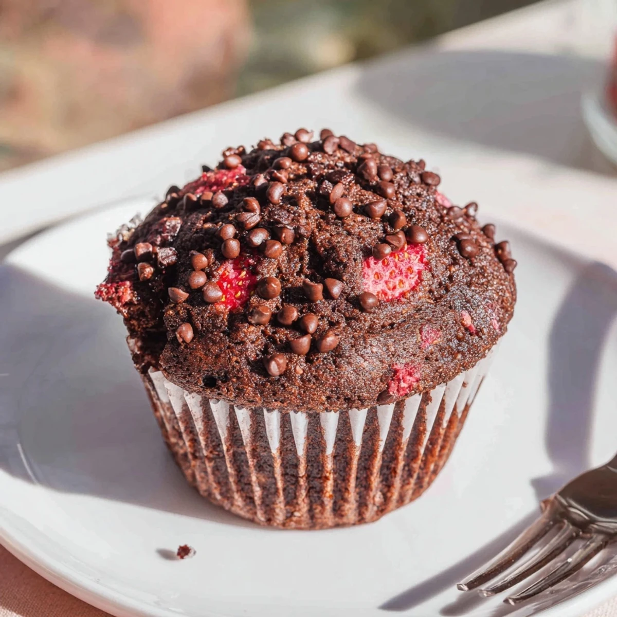 Rich cocoa muffins studded with juicy diced strawberries and melted semisweet chocolate chips