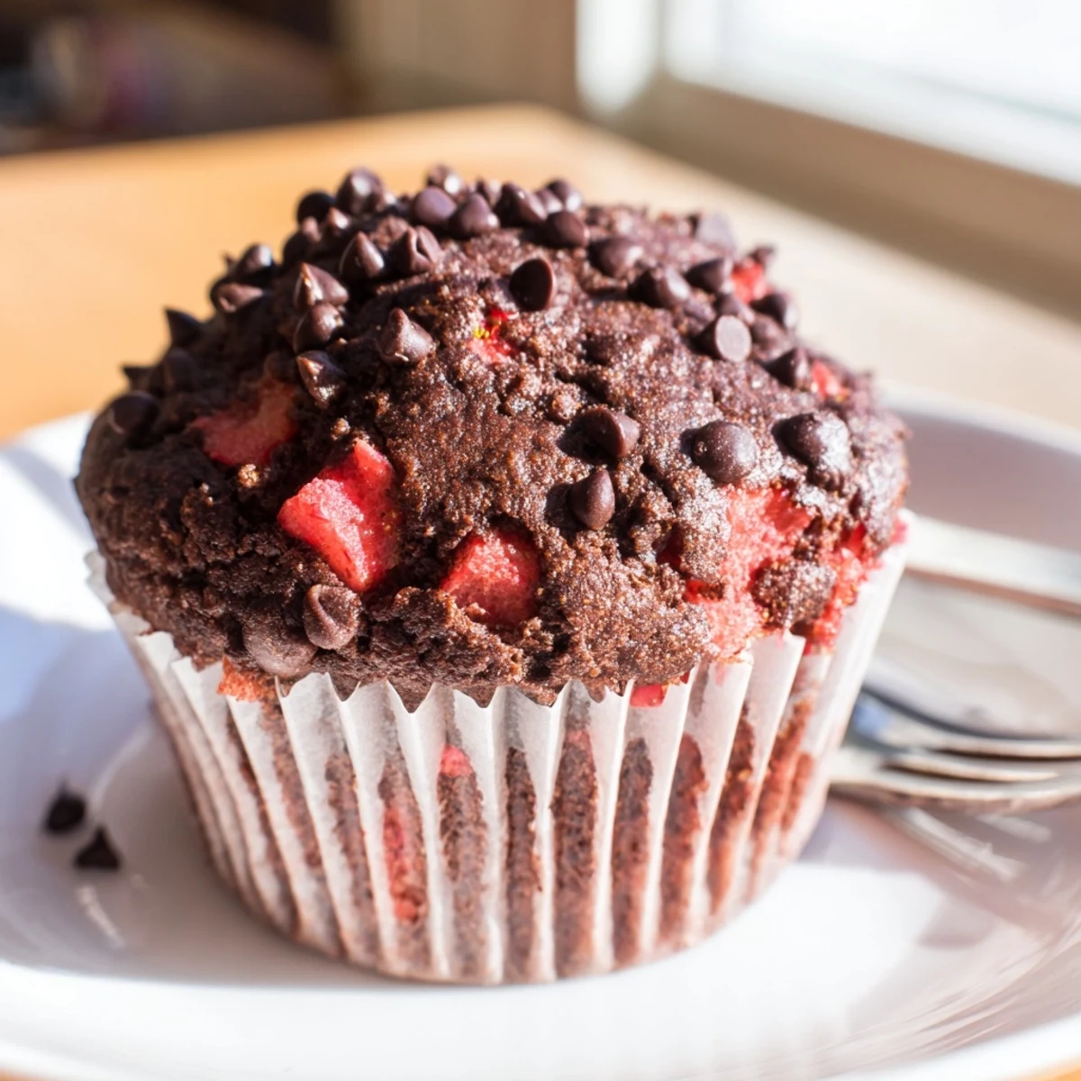 Moist double chocolate strawberry muffins burst with sweet fruit and chocolate in a muffin tin