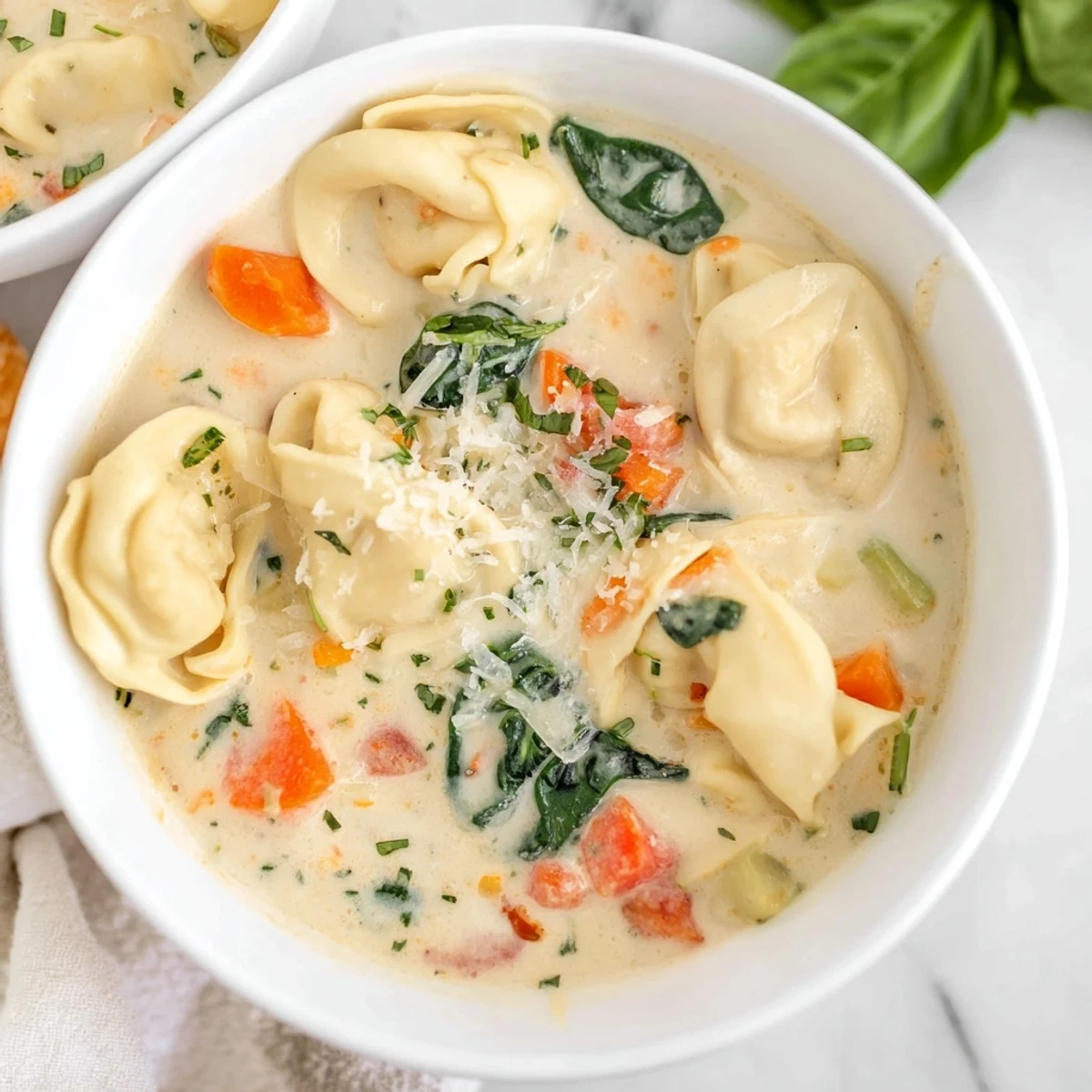 Creamy tortellini soup with colorful vegetables and parmesan in a rustic bowl