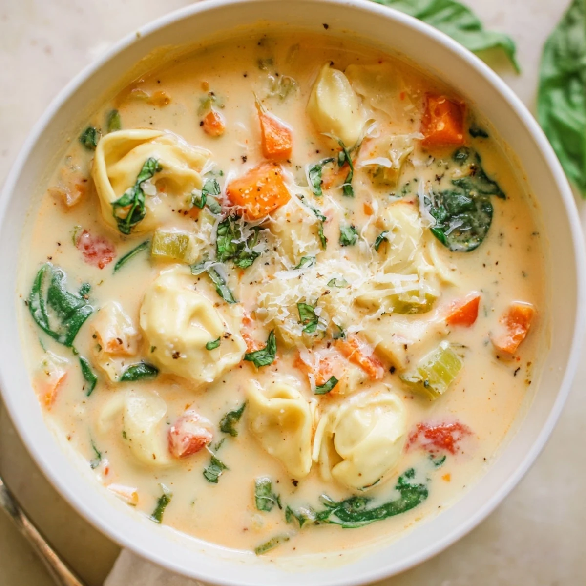 Steaming comforting tortellini soup featuring tender pasta floating in rich autumn broth