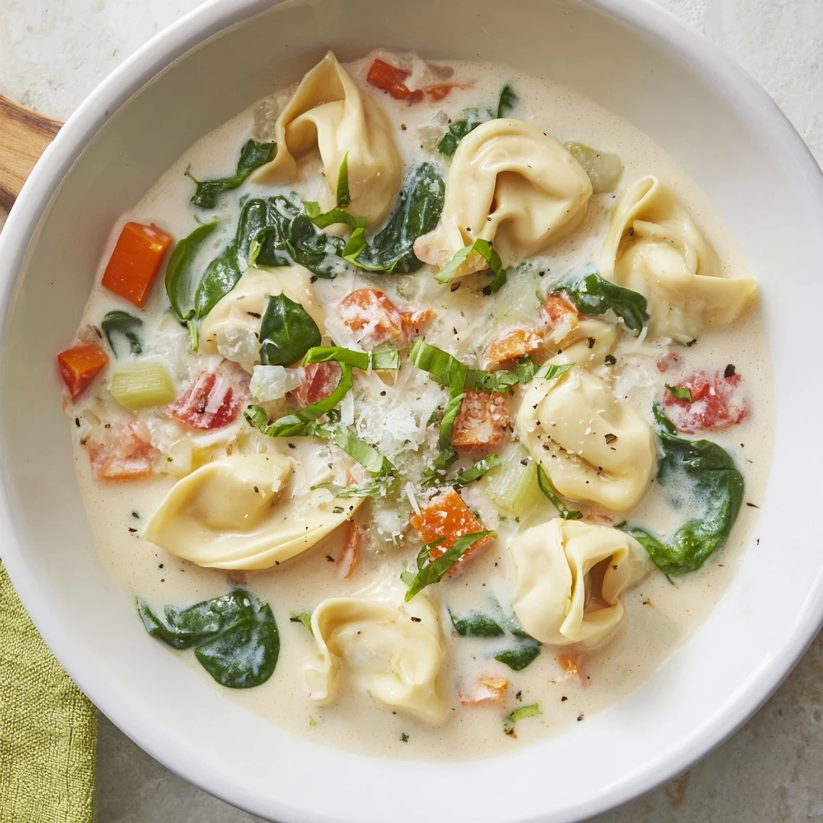 Golden bowl of vegetarian tortellini soup garnished with fresh herbs and parmesan