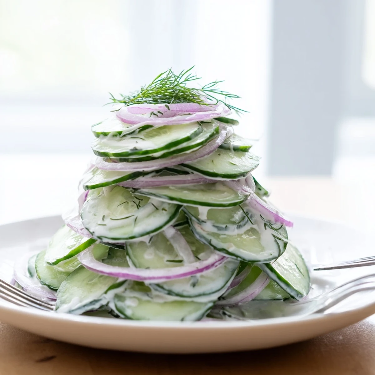Fresh cucumber salad in creamy herbed dressing served in white bowl with dill garnish