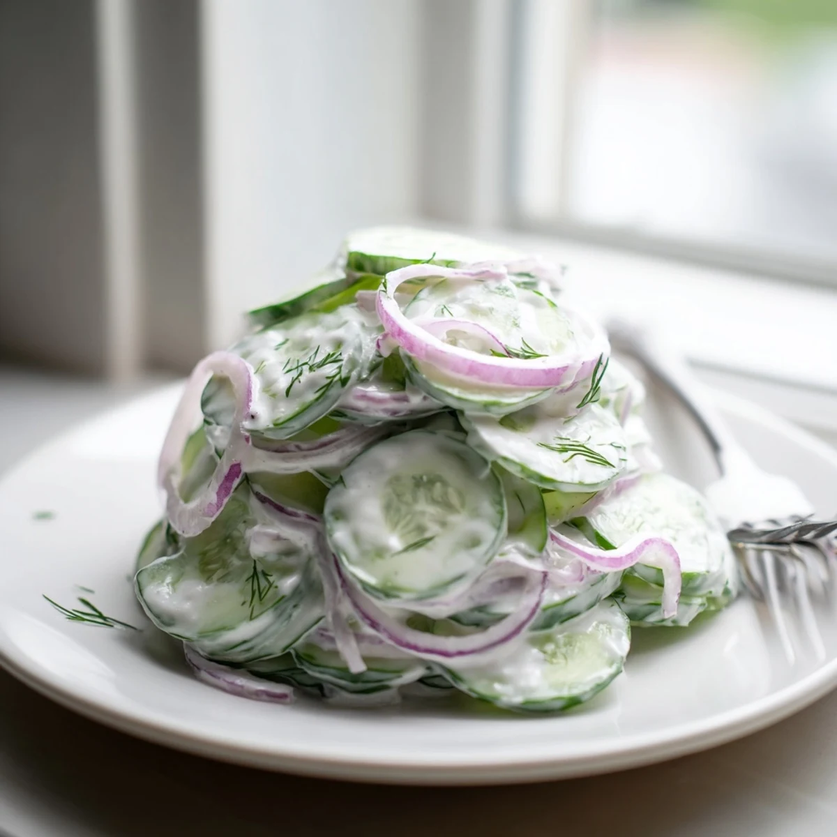 Chilled cucumber salad coated in tangy sour cream dressing topped with fresh green dill